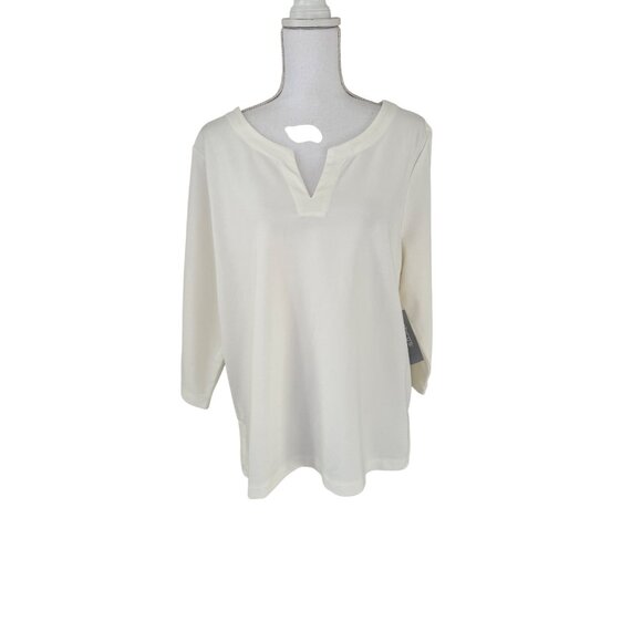 Chicos New Ponte Shirt Size XL w/ Gold Snap Back Buttons 3/4 Sleeve Ecru White - Picture 1 of 12